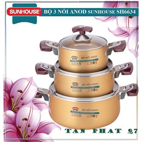 Bộ nồi Sunhouse SH6634, bộ nồi Anod Sunhouse 3 chiếc chất liệu nhôm dùng bếp gas, bếp hồng ngoại, siêu bền - BH 12 tháng