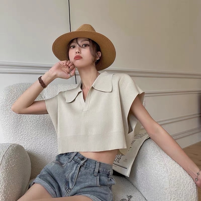 Order áo croptop len cổ polo form rộng mùa hè | BigBuy360 - bigbuy360.vn