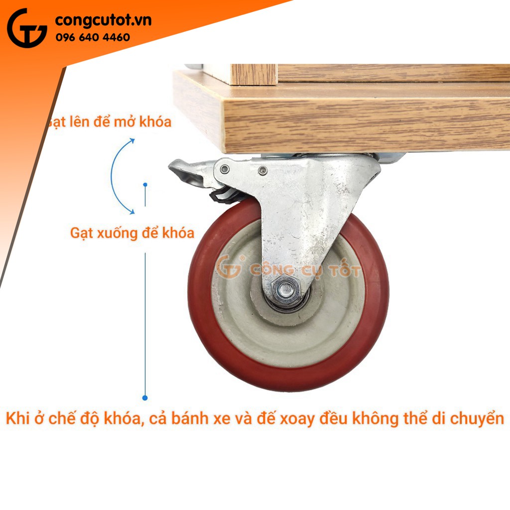 Bộ 4 bánh xe đẩy hàng tổng tải 260kg xoay 360 độ lốp nhựa đỏ mận hãm sau Φ120mm