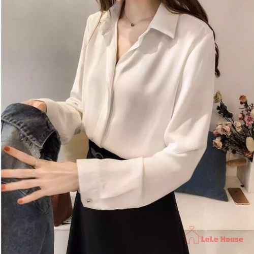 ÁO SƠ MI NỮ TAY DÀI CỔ ĐỨNG KHUY ẨN CAO CẤP MÀU TRẮNG (Có ảnh cận chất)
