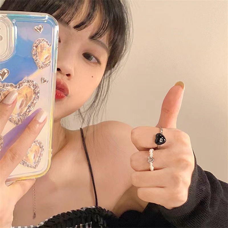 Nhẫn Hở Đính Hạt Ngọc Trai Hình Trái Tim Ngọt Ngào Thiết Kế Chất Lượng Cao Có Thể Điều Chỉnh Độc Đáo Cho Nữ