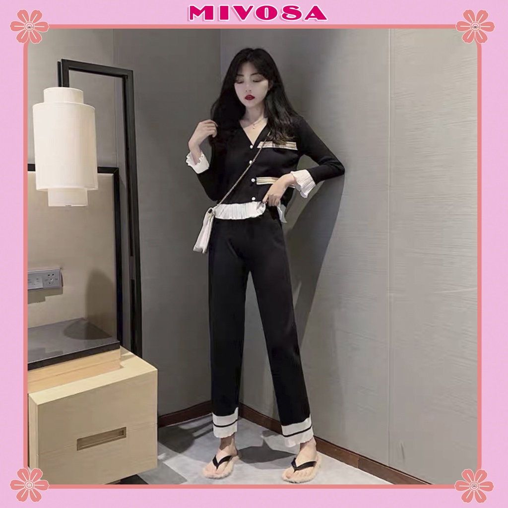 Set bộ len nữ ren viền bèo tiểu thư đồ bộ nữ len tăm dài tay cúc ngọc MIVOSA SR001