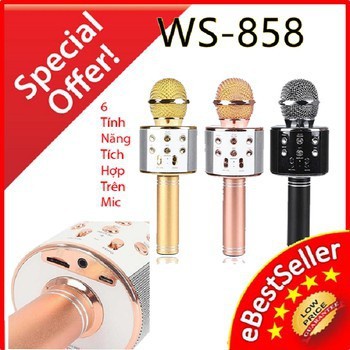 WS858 Micro karaoke bluetooth WS - 858, WS858 nghe FM, kiêm sạc dự phòng, khe cắm thẻ nhớ, giao màu ngẫu nhiên hj75jh