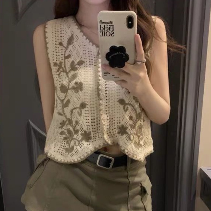 Áo Vest Dệt Kim Thêu Cổ Điển 198526 Áo Khoác Len Không Tay Cổ Chữ v Phong Cách Hàn Quốc