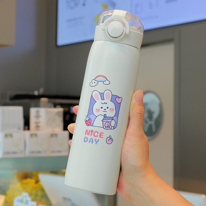- Bình Đựng Nước Giữ Nhiệt 500ML Có Móc Cầm Tay Inox 304 Hình Dễ Thương - Kèm Ống Hút Tiện Lợi