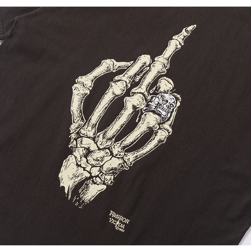 Fog AMIRI Street Wear GALLERY DEPT Áo Thun Tay Ngắn Cổ Tròn Dáng Rộng In Hình Xương Bàn Tay Phong Cách Đường Phố Cho Nam