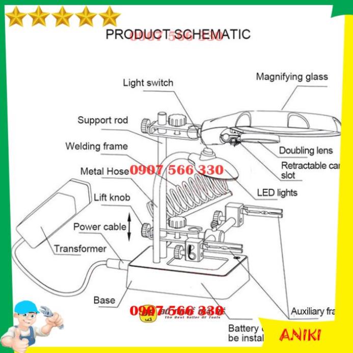 Kính lúp soi kẹp hàn mạch điện tử đa năng có 5 đèn Led phóng đại 2,5X 7,5X 10X QE0460