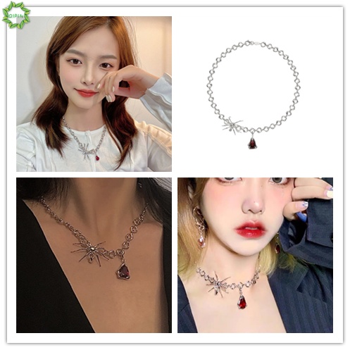 Vòng cổ mặt hình nhện đính ruby nhân tạo phong cách punk hip hop Hàn Quốc