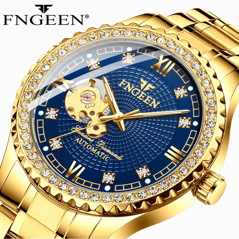 Đồng hồ đeo tay nam, đồng hồ nam chính hãng FNGEEN máy cơ, đính kim cương nhân tạo, siêu sang, cực kỳ đẳng cấp