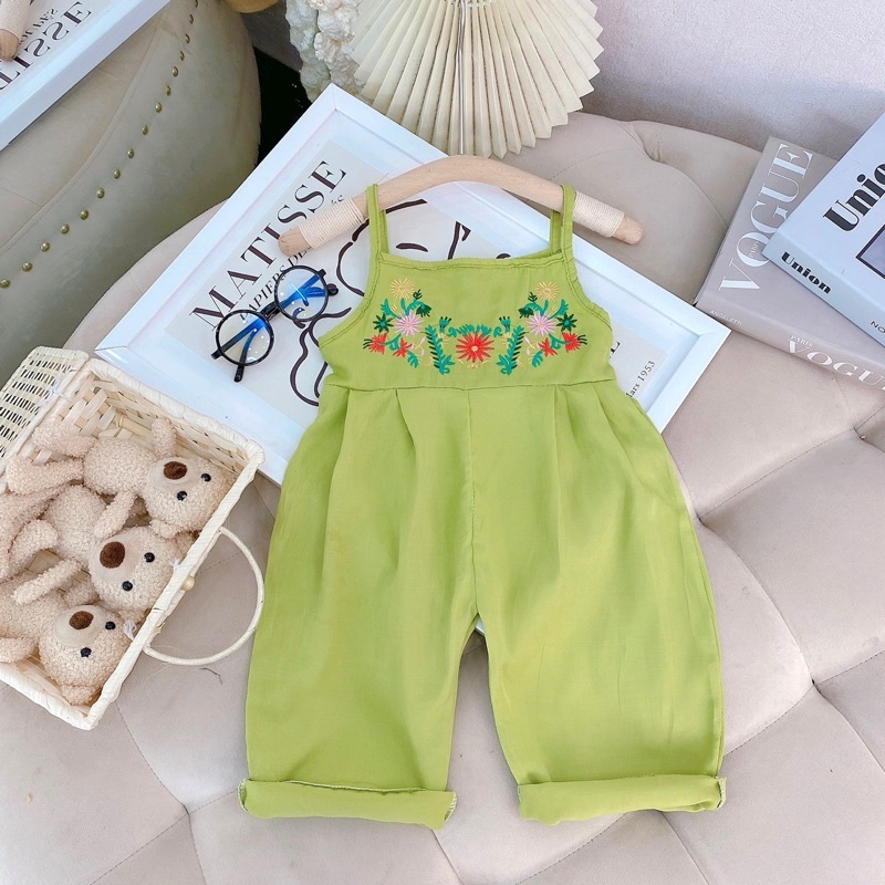 Bộ jumpsuit bé gái 2 dây liền thân CÓ CÚC CÀI SAU LƯNG  Set yếm thêu hoa xanh lá 1 2 3 4 5 6 tuổi