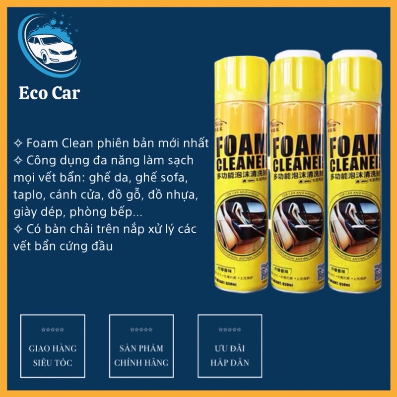 Chai Xịt Dọn Nội Thất Ô Tô FOAM CLEAN Làm Sạch Đa Năng Ghế Da, Taplo, Đồ nỉ, Nhà bếp dung tích 650ml