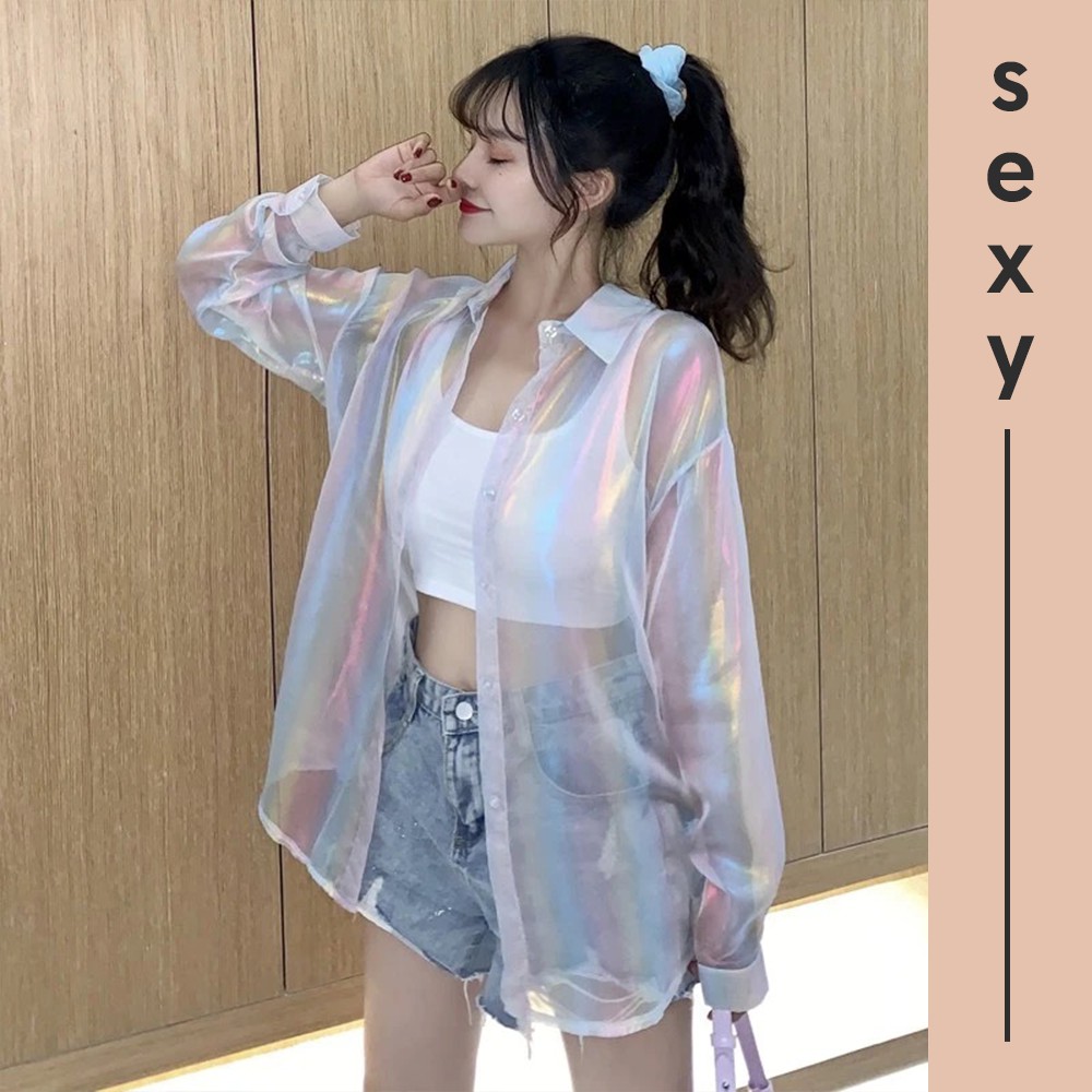Áo Sơ Mi Khoác Ngoài Cardigan Mỏng Dài Tay Họa Tiết Màu Cầu Vồng Lấp Lánh A00032 | BigBuy360 - bigbuy360.vn