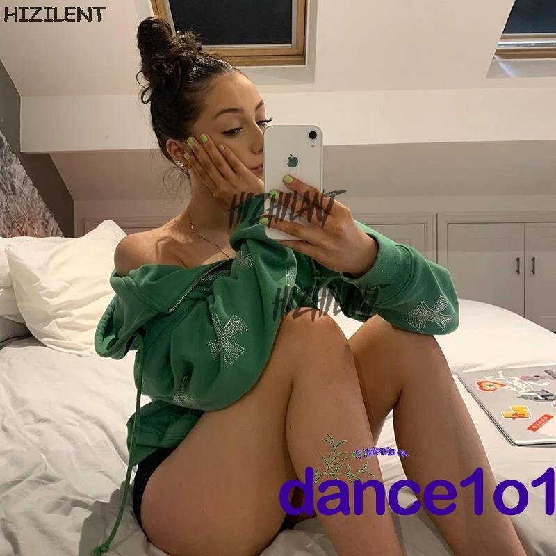 Áo hoodie tay dài in họa tiết đan chéo đính đá thời trang cho nữ