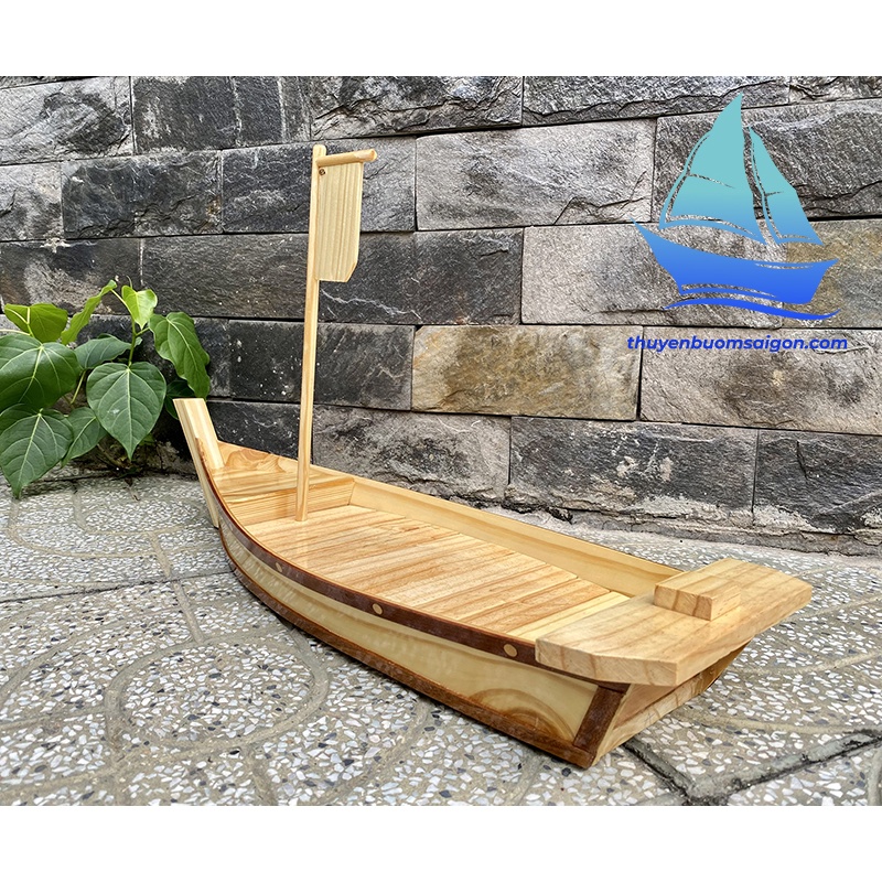 Thuyền gỗ đựng sushi sashimi dài 65cm, thuyền gỗ trang trí món ăn Nhật, khay gỗ đựng hải sản gỗ Thông tự nhiên