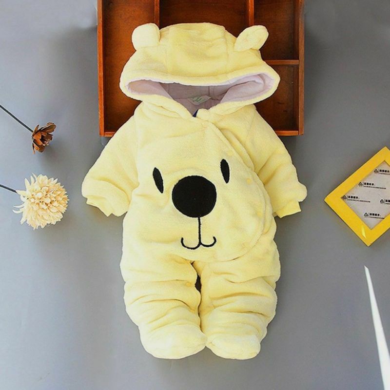 Bộ Áo Liền Quần Vải Nhung In Hình Gấu Giữ Ấm Mùa Đông Dành Cho Bé Trai Gái