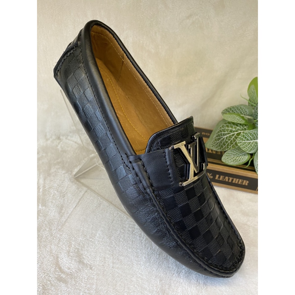 Giày Mọi Nam Da Bò Thật Giày Lười LV Da Cao Cấp Màu Đen -M24 Giày SAGO’S BH 12 Tháng Tặng kèm vớ.