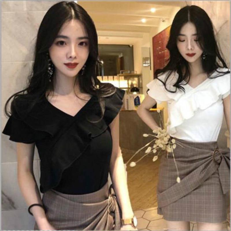 Careful Machine V-neck Blouse Summer Korean Version of The New Word Shoulder All-match Short-sleeved Women's Solid Color Slim T-shirt