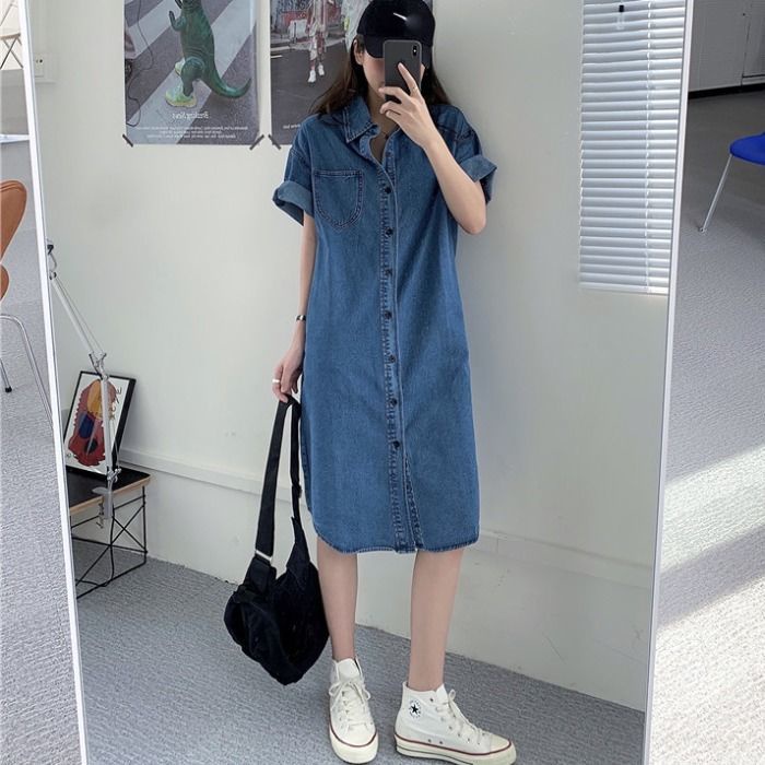 Đầm Sơ Mi Denim Tay Ngắn Dáng Rộng Màu Xanh Dương Đậm Phong Cách Hàn Quốc Thời Trang Xuân Thu Mới Cho Nữ