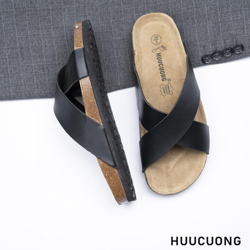Dép unisex HuuCuong quai chéo đen đế trấu handmade