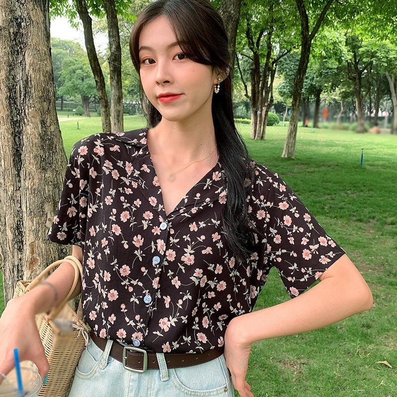 Áo Kiểu Tay Ngắn Chất Chiffon Hoạ Tiết Hoa Cho Nữ