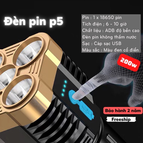 Đèn Pin Cầm Tay Siêu Sáng 4 Bóng =5 Bóng Chiếu Sáng 4 Chế Độ Sáng Tiện Dụng