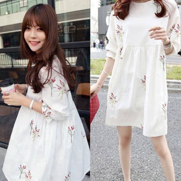 Đầm cotton ngắn tay thêu hoa cho phụ nữ mang thai