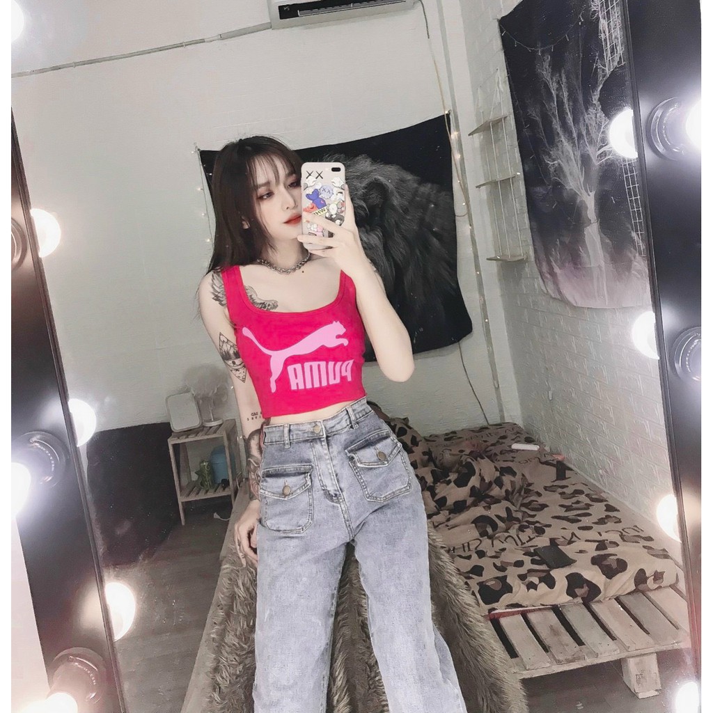 Áo 2 dây bản croptop in chữ logo trước con báo trước ngực cực xinh , chất thun bozip mềm mịn