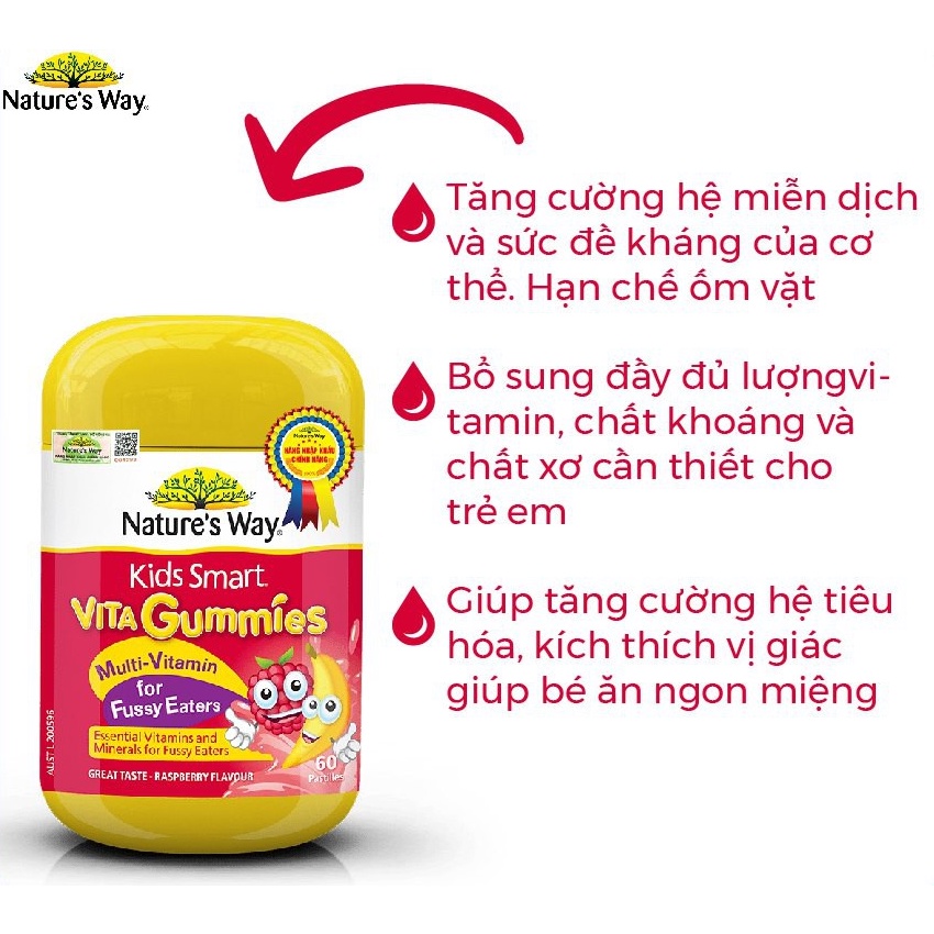 [Nội Địa] Kẹo dẻo Nature's Way Kids Smart Vita Gummies, Úc (60v) nhiều vị bổ sung vitamin, khoáng chất cho trẻ từ 2 tuổi