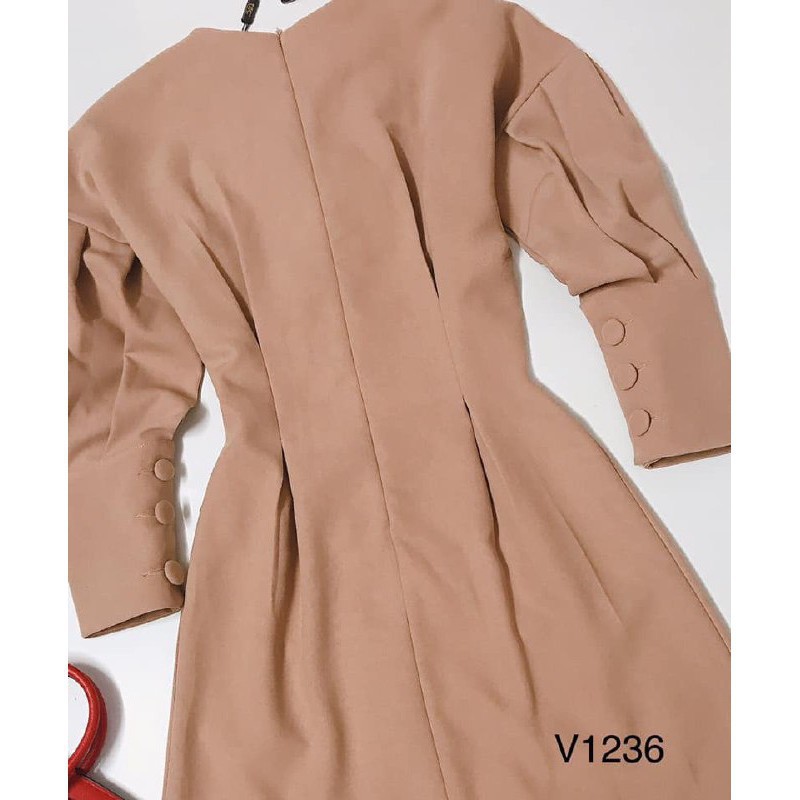 [ xả kho ] MiD Đầm nâu cổ V tay bồng lỡ đính hoa V1236 kèm ảnh thật