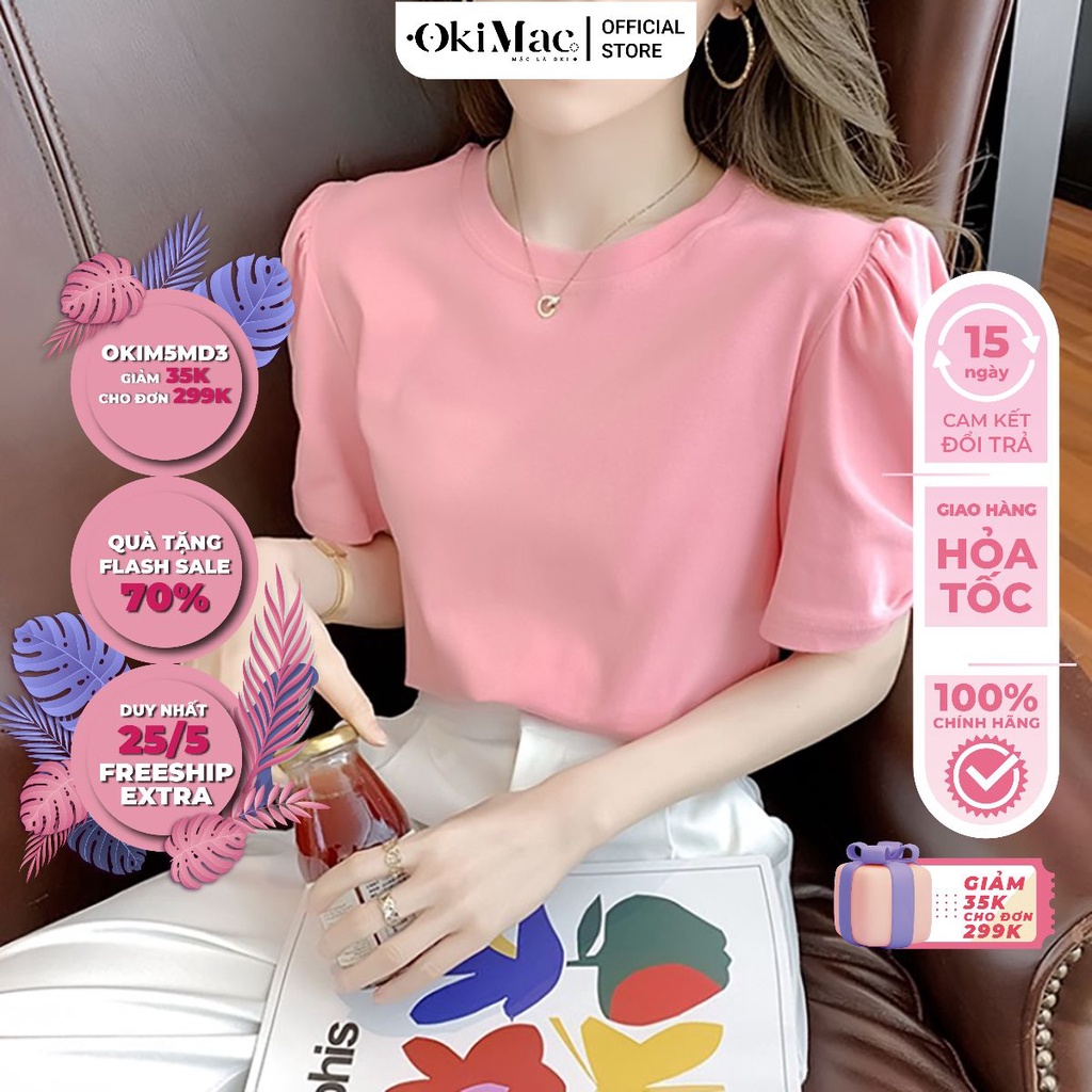 Áo thun nữ kiểu tay ngắn cổ tròn bèo nhún vai cotton thấm hút mồ hôi phong cách ulzzang Hàn Quốc thời trang nữ OKIMAC