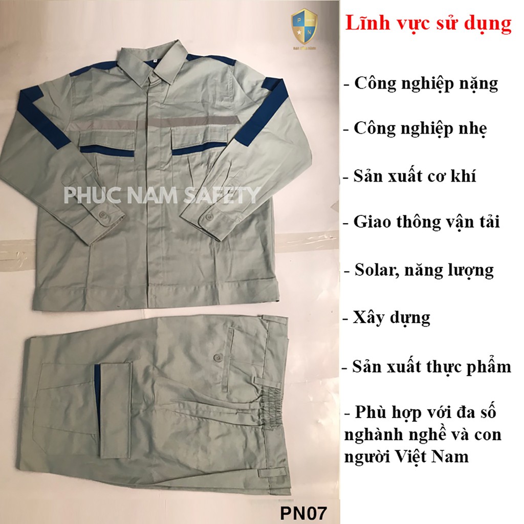 Bộ quần áo bảo hộ lao động vải Pangrim cao cấp màu ghi đá xanh phối xanh dương – PN07, BHLĐ Phúc Nam