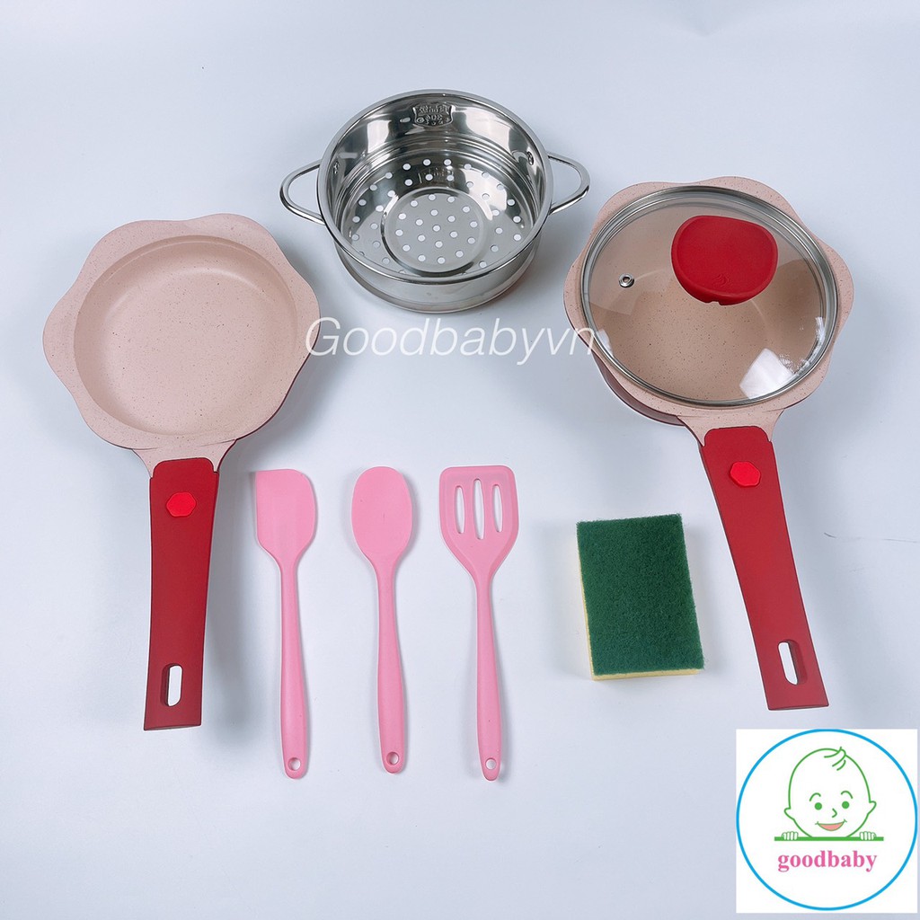 ( Mua 1 Tặng 5 ) Bộ nồi chảo ăn dặm cho bé,nhà bếp chống dính hình hoa tráng men đá cao cấp PAE Goodbabyvn