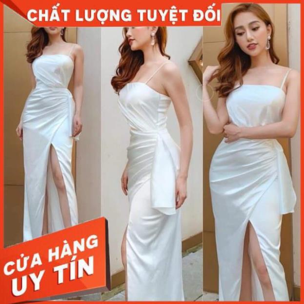 Đầm maxi body dự tiệc 2 dây nhún vèo eo xẻ đùi gợi cảm - size M/L (có ảnh/video thật) MS107V