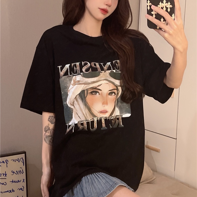 Áo thun SUXI tay ngắn cổ tròn dáng rộng in họa tiết đơn giản thời trang mùa hè cho nữ