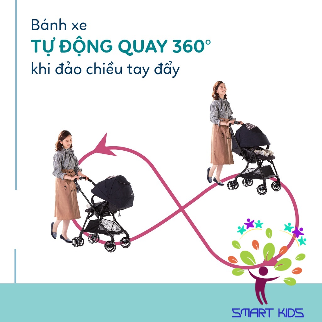 Xe đẩy Combi Sugocal Light 4 bánh quay tự động màu hồng/màu xanh