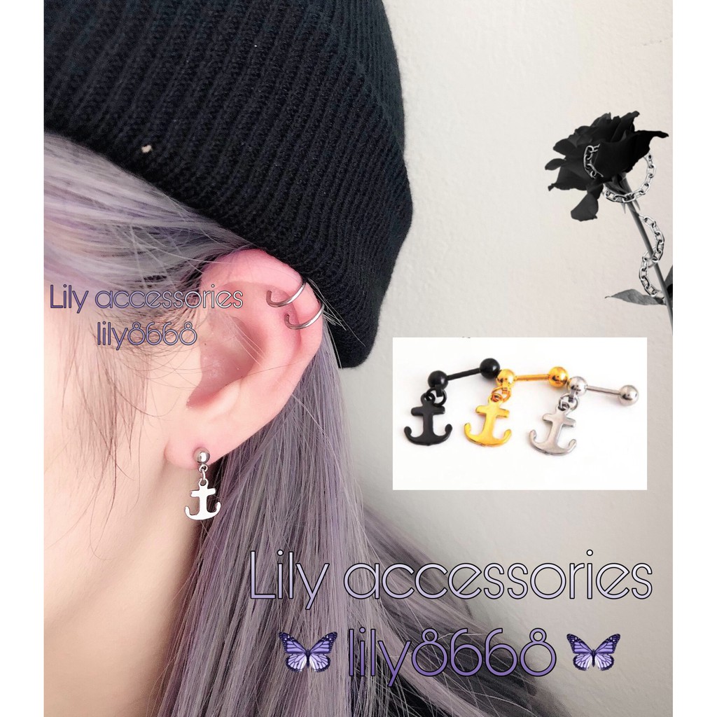 Anchor Earring khuyên tai titan mỏ neo nhỏ không gỉ không đen không dị ứng (nút bi vặn)