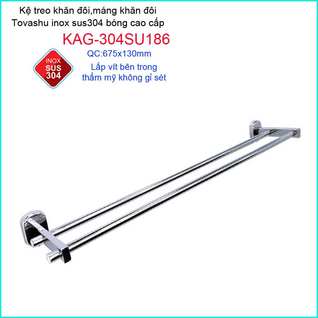 Thanh treo khăn tắm Tovashu KAG-304SU186, Giá treo khăn phòng tắm Inox hộp cao cấp SUS304 Nhật Bản