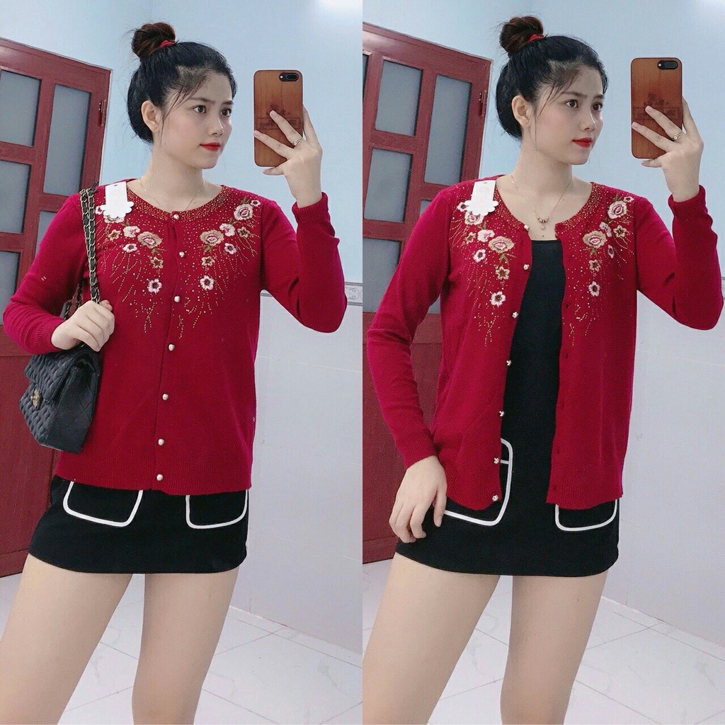 Áo khoác len thêu hoa hàng QC