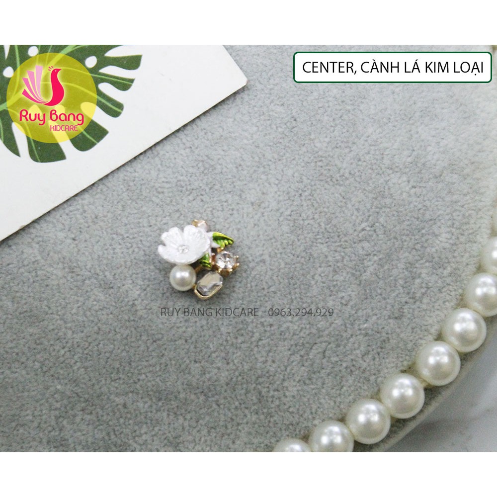 Mặt đính đá, Cành lá kim loại, center đá đính hoa vải handmade