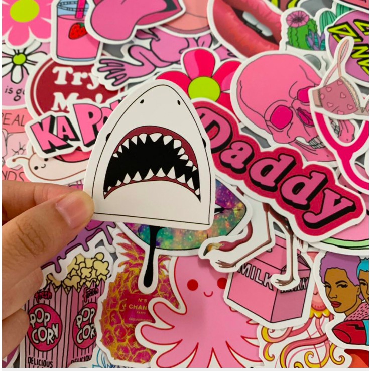 Set 50c stickers PINK HỒNG dán laptop máy tính, mũ bảo hiểm, vali chống thấm nước loại tốt