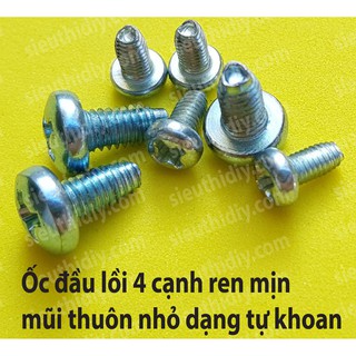 Ốc đầu lồi 4 cạnh ren mịn mũi thuôn nhỏ dạng tự khoan
