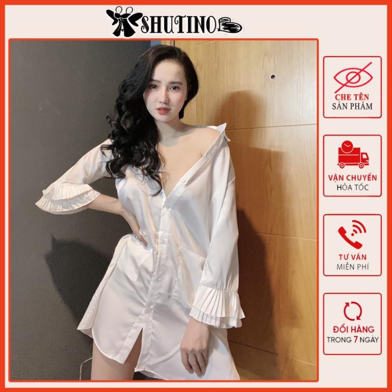 Đồ ngủ sexy đầm sơ mi gợi cảm phối ren lụa satin cao cấp freesize dưới 65kg Shutino SA26