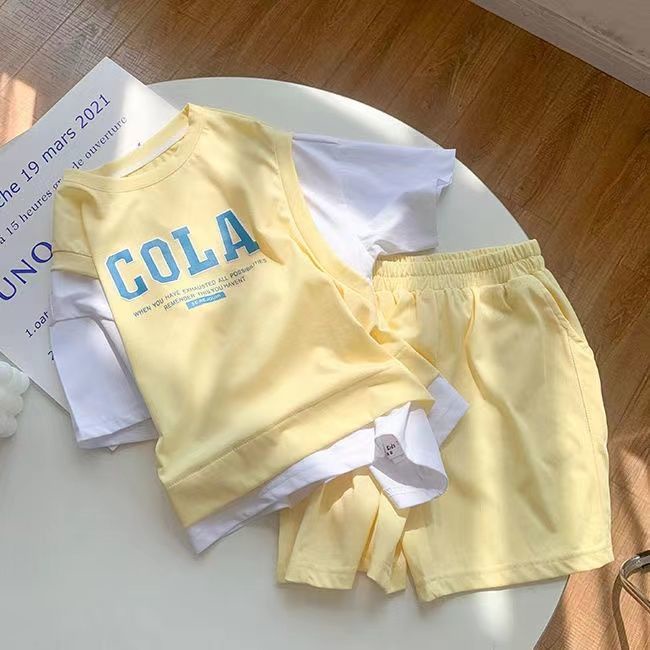Set Áo Thun Ngắn Tay + Quần Short Giả Hai Lớp Thời Trang Mùa Hè Hàn Quốc Mới Cho Bé Gái