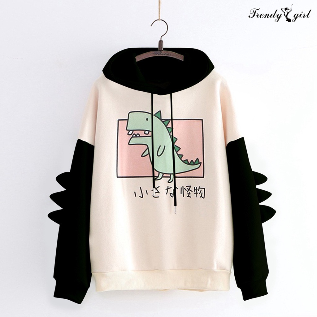Áo Hoodie Cotton Pha Tay Dài In Họa Tiết Khủng Long Cho Bé Gái