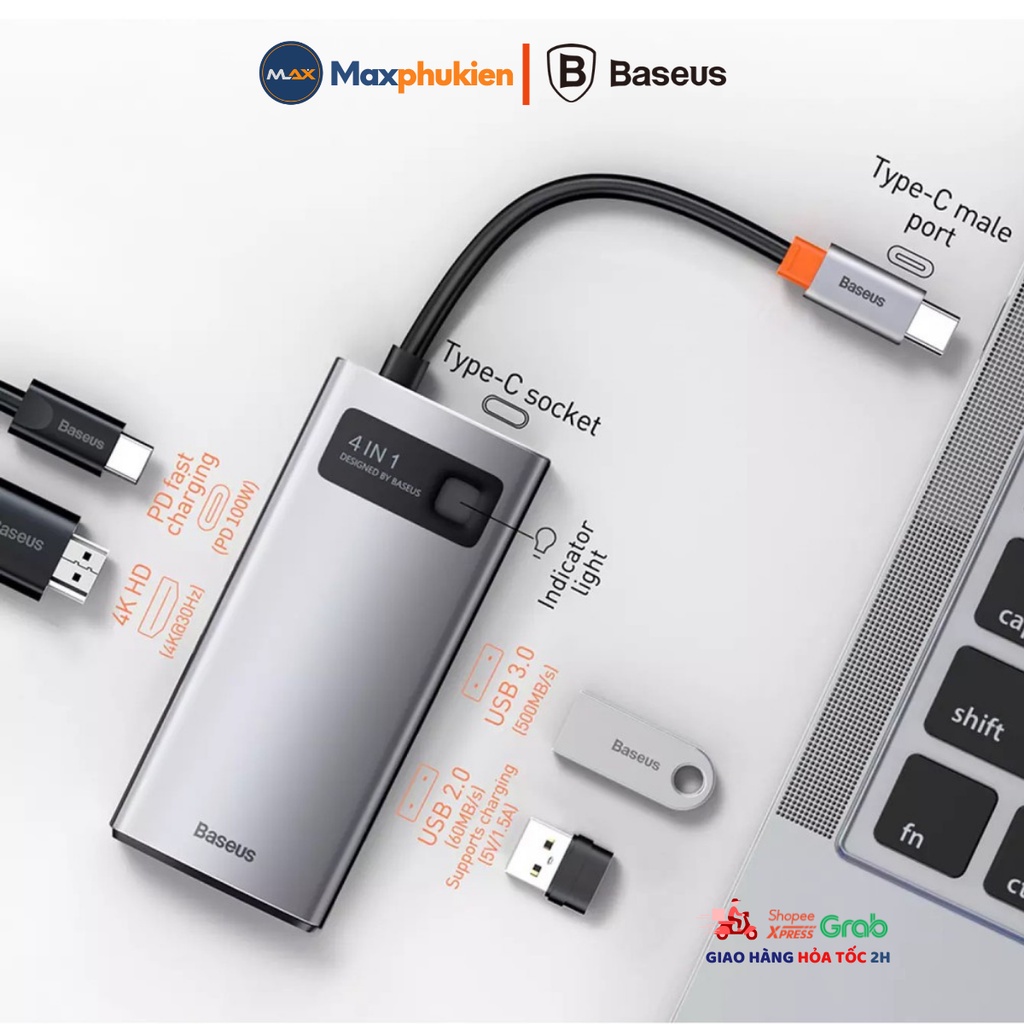 Bộ chuyển đổi Laptop Macbook Hub Baseus 4 in 1 Type C Ra 2 Usb , HDMI và cổng sạc PD Type C 100W- Chính Hãng Baseus