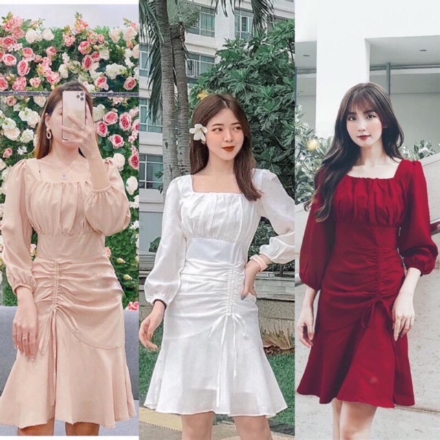 Đầm suông rút eo tay phồng