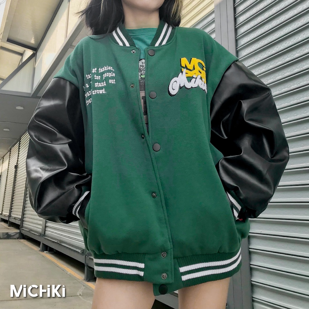 Áo khoác Varsity Michiki unisex tay da thêu xù - Hàng thiết kế độc quyền