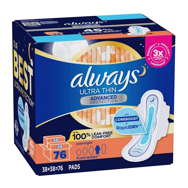 Băng vệ sinh Always Ultra Thin 3X Advanced Protection Overnight With Wings, 76 miếng