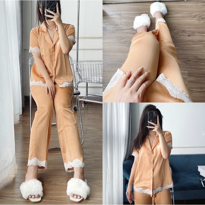 Bộ lụa quần dài viền ren