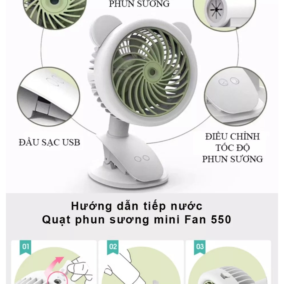 Quạt mini tích điện phun sương kẹp bàn 3 tốc độ Clip Fan cổng sạc USB, xoay 360 độ tiện lợi